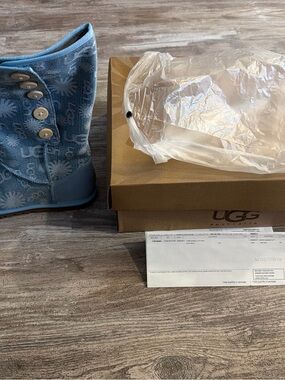 UGG Lo Pro Lace Boots Light Blue Denim Jacquard Logo Womens Size 9 NEW